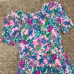 Lilly Pulitzer Harriet Dress‎ Pink Floral Belted Women Size Large Cottage Boho